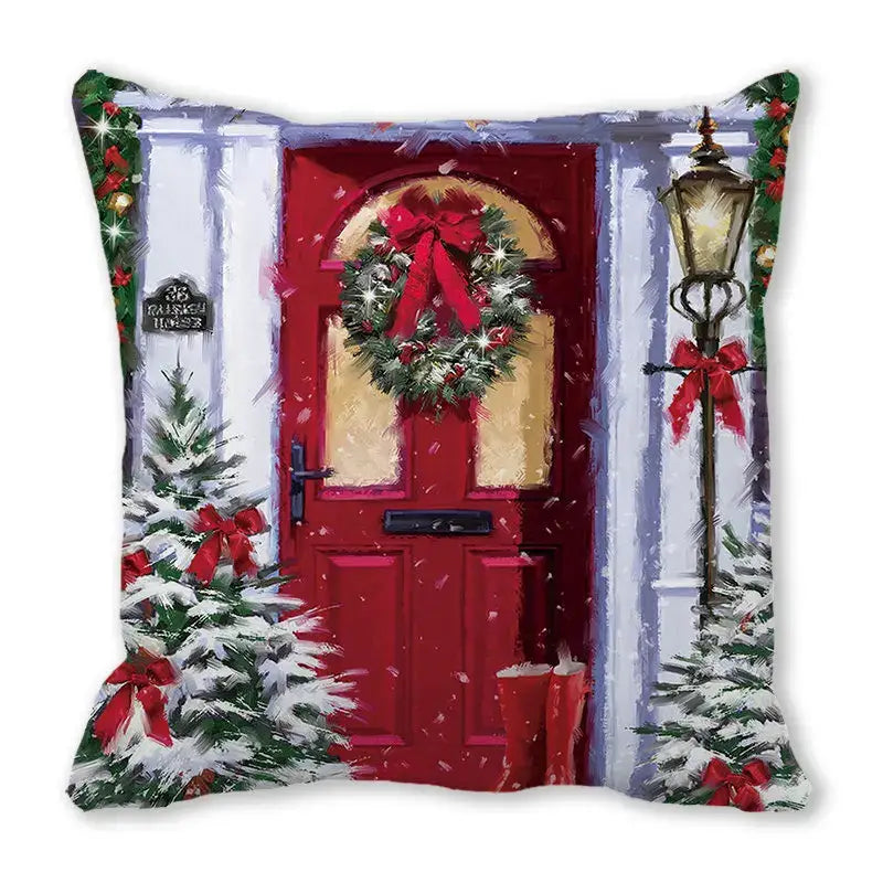 Red decorbites christmas short plush pillowcase featuring festive door with wreath snow trees vintage lantern design