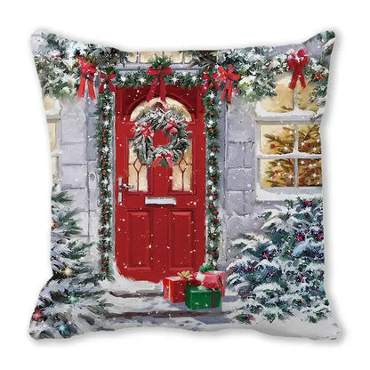 Red christmas-themed decorbites christmas short plush pillowcase with festive snow, wreaths, and gift boxes design