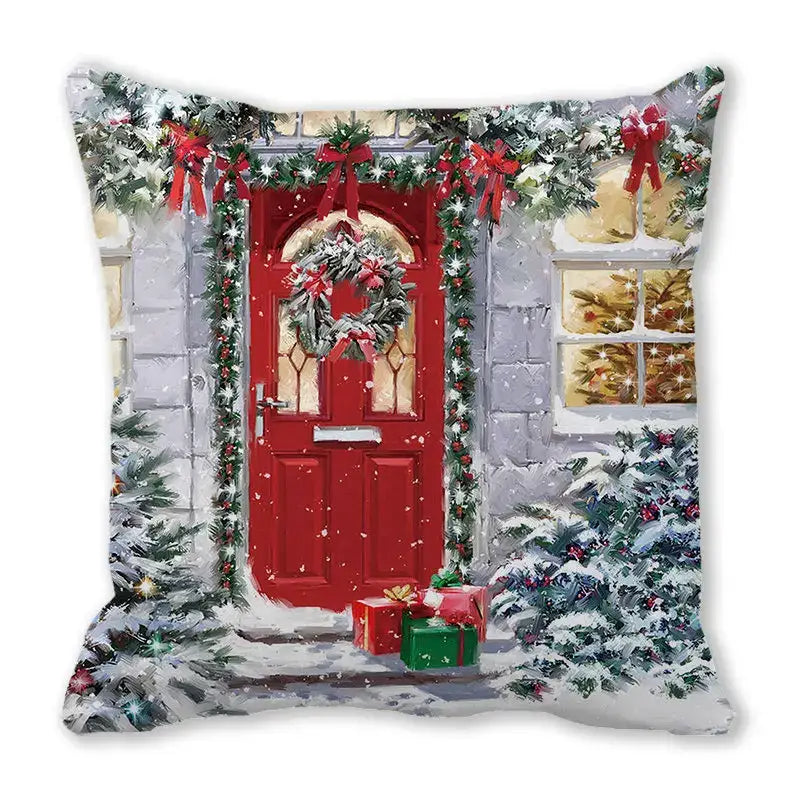 Red christmas-themed decorbites christmas short plush pillowcase with festive snow, wreaths, and gift boxes design