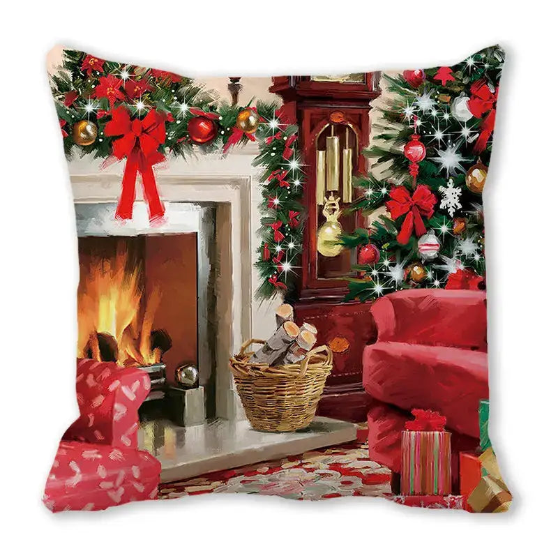 Red and green decorbites christmas short plush pillowcase 45x45cm with fireplace and tree scene for home decor