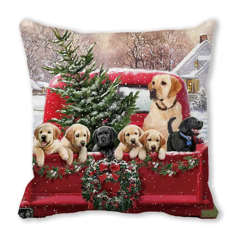 Red decorbites christmas short plush throw pillow featuring labrador retrievers in snowy truck bed with tree and wreath