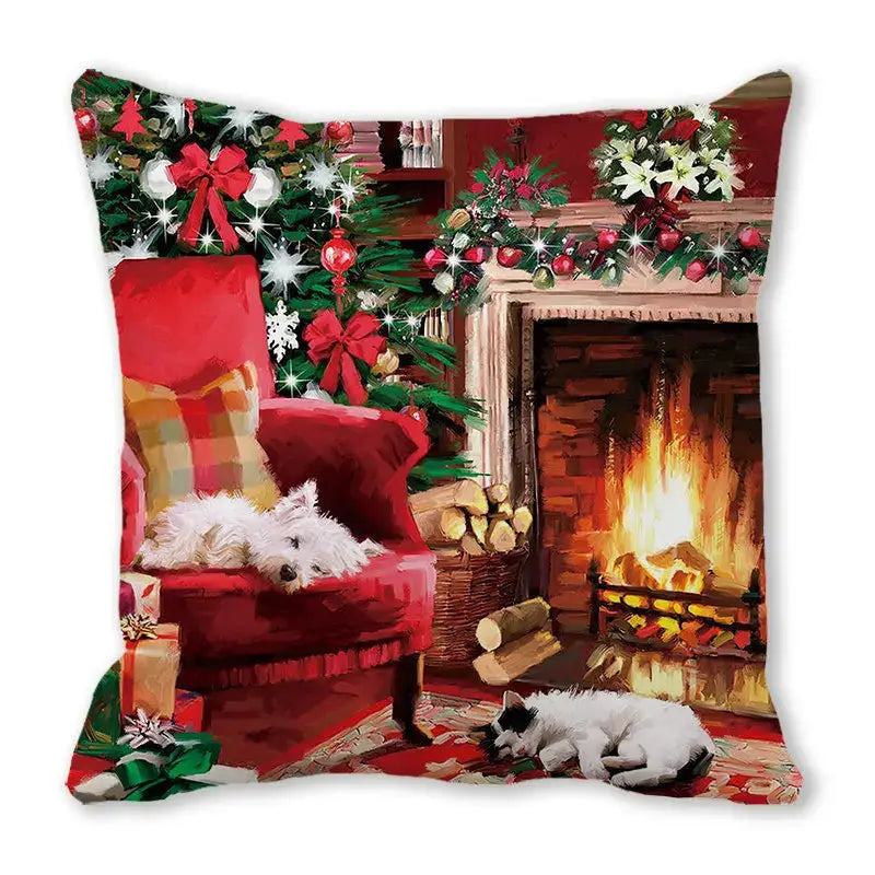 Red decorbites christmas short plush pillowcase 45x45cm featuring festive tree fireplace and two sleeping dogs design