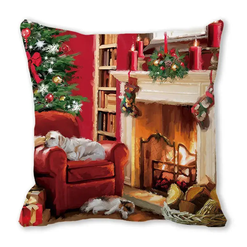 Red decorbites christmas short plush pillowcase 45x45cm featuring festive tree fireplace and resting dogs design