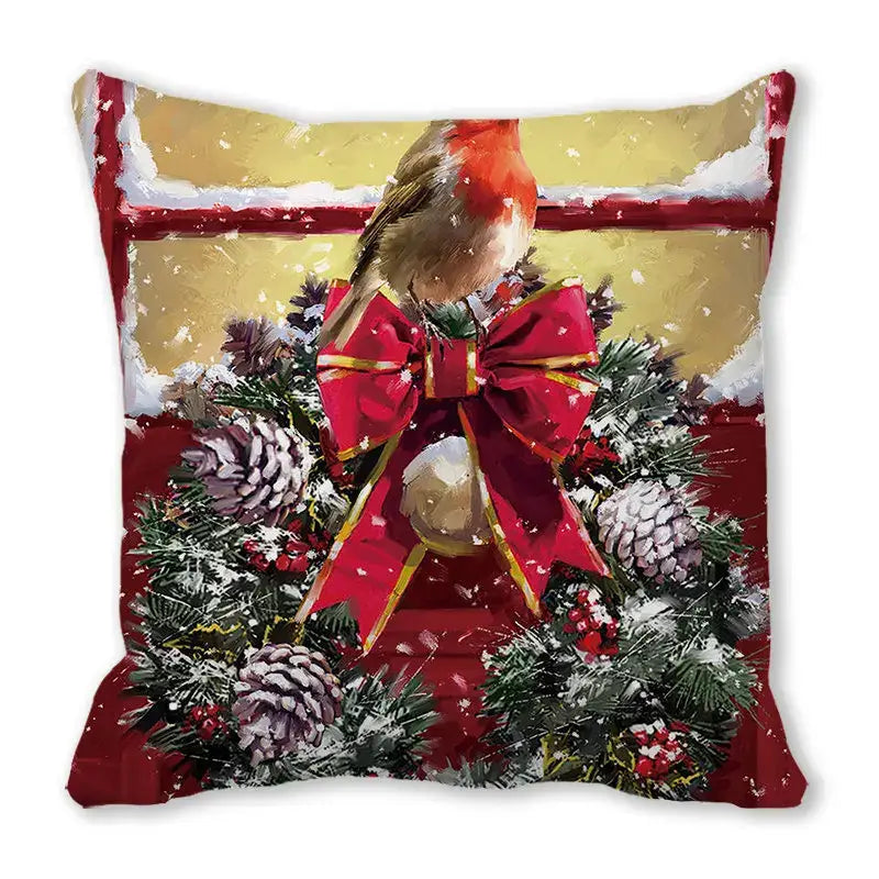 Decorbites christmas short plush pillowcase 45x45cm red and gold with robin on snowy wreath and pinecone accents