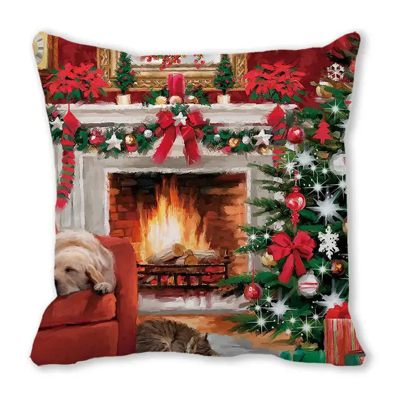 Decorbites christmas short plush throw pillowcase 45x45cm featuring festive fireplace tree poinsettias red green design