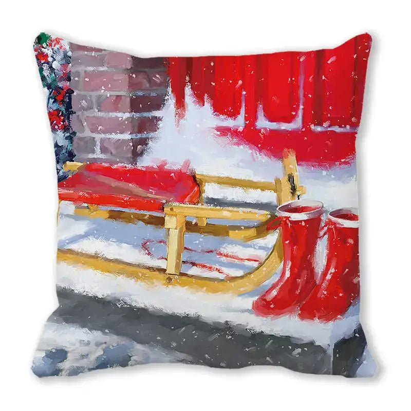 Decorbites christmas short plush pillowcase 45x45cm featuring red and yellow wooden sled with red boots print