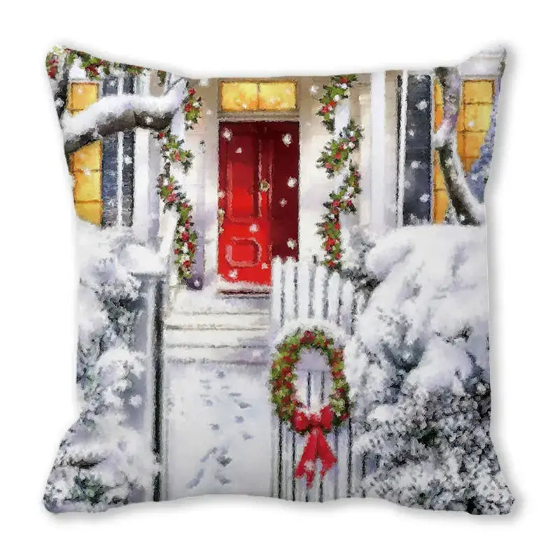 Decorbites christmas short plush pillowcase with snow-covered red door, green garlands, and festive wreath design