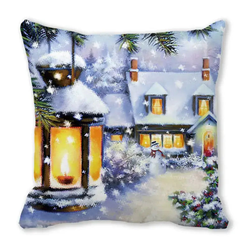 Decorbites christmas short plush pillowcase 45x45cm with snow-covered winter scene and glowing lantern design