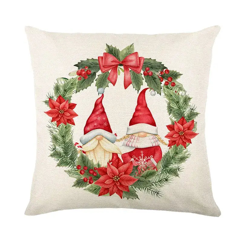 Beige linen pillow cover with festive gnome design in green wreath for decorbites christmas snow elk decor