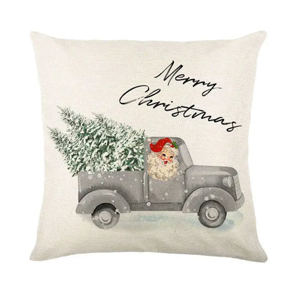 Beige linen pillow cover with vintage santa claus in gray truck and merry christmas script by decorbites christmas snow elk