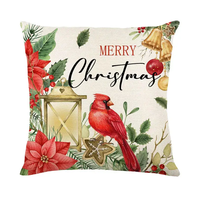 Decorbites christmas snow pillow cover featuring a red cardinal lantern poinsettias on off-white linen fabric for festive decor