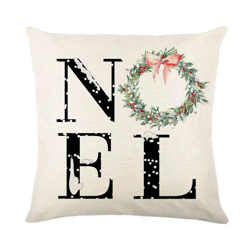 Beige linen pillow cover with black noel lettering and festive wreath design for decorbites christmas snow elk decor