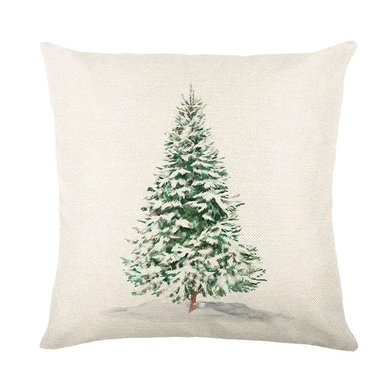 Beige linen pillow cover featuring decorbites christmas snow elk design with watercolor snow-covered evergreen tree