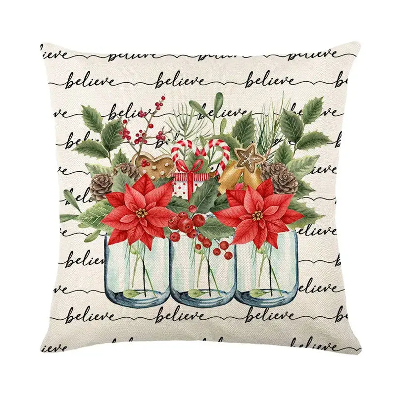 Beige decorbites christmas snow elk pillow cover featuring glass jars with poinsettias for festive home decor