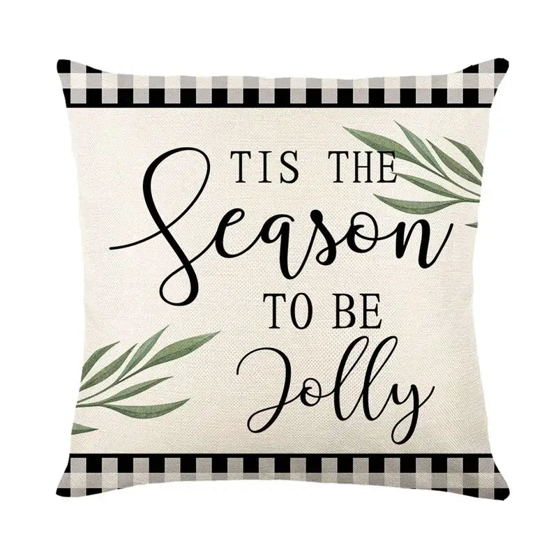 Beige pillow cover with black and white gingham border and festive script by DecorBites Christmas Snow Elk