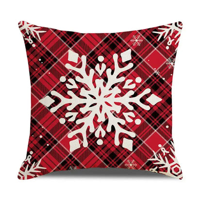 Red and black plaid pillow cover with large white snowflake design for decorbites christmas snow elk festive decor