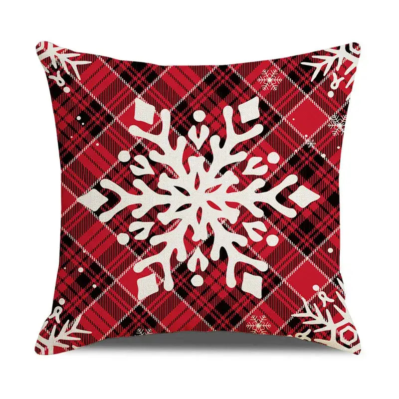 Red and black plaid pillow cover with large white snowflake design for decorbites christmas snow elk festive decor