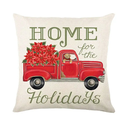 Beige decorbites christmas snow pillow cover with red vintage truck and green script home for the holidays design