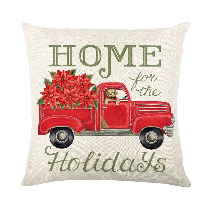 Beige decorbites christmas snow pillow cover with red vintage truck and green script home for the holidays design