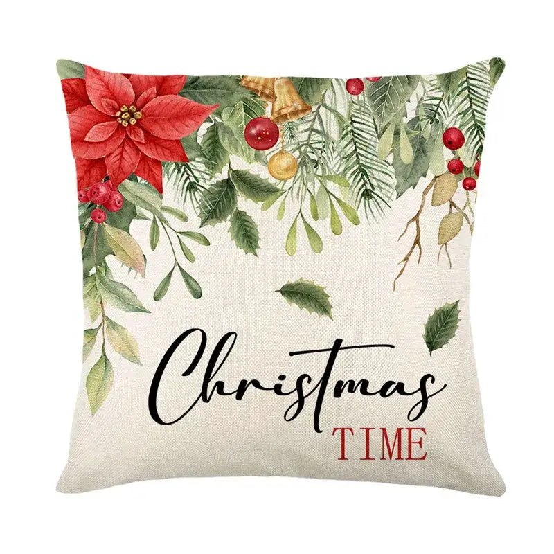 Beige linen pillow cover with festive red poinsettias and christmas time text by DecorBites Christmas Snow Elk