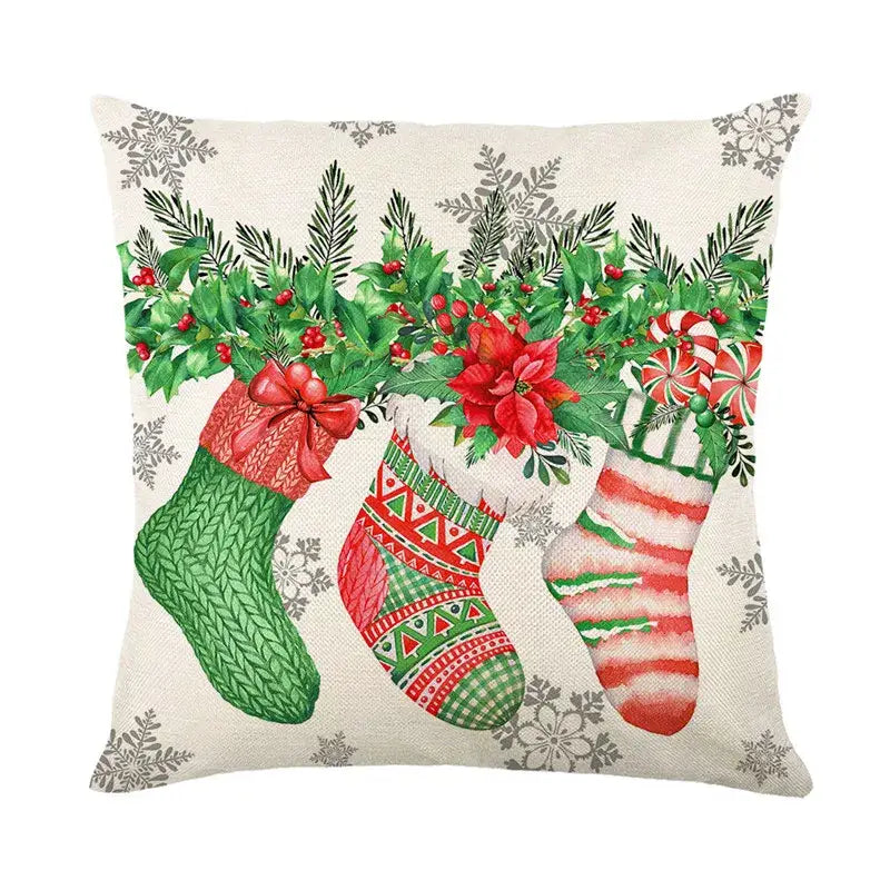 Decorbites christmas snow elk pillow cover with three embroidered stockings on beige linen for festive home decor