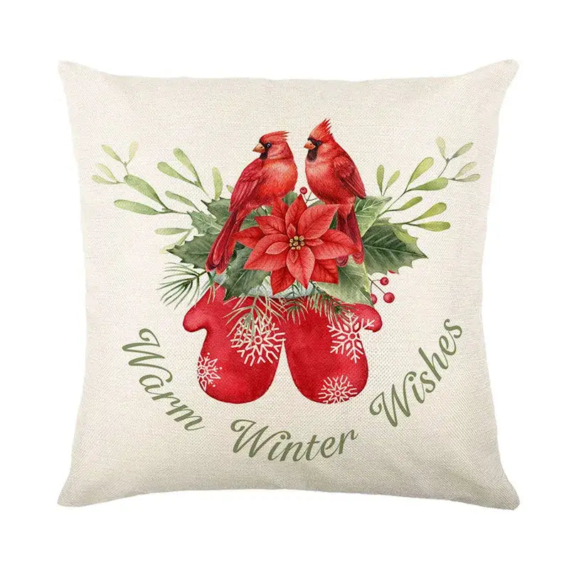 Beige linen pillow cover with red cardinals and festive mittens design by decorbites christmas snow elk collection