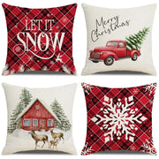 Red and white plaid pillow cover with large snowflake design from decorbites christmas snow elk collection for festive decor