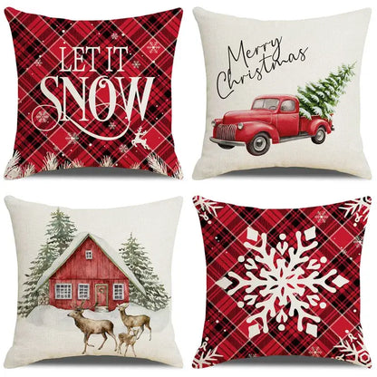 Red and white plaid pillow cover with large snowflake design from decorbites christmas snow elk collection for festive decor