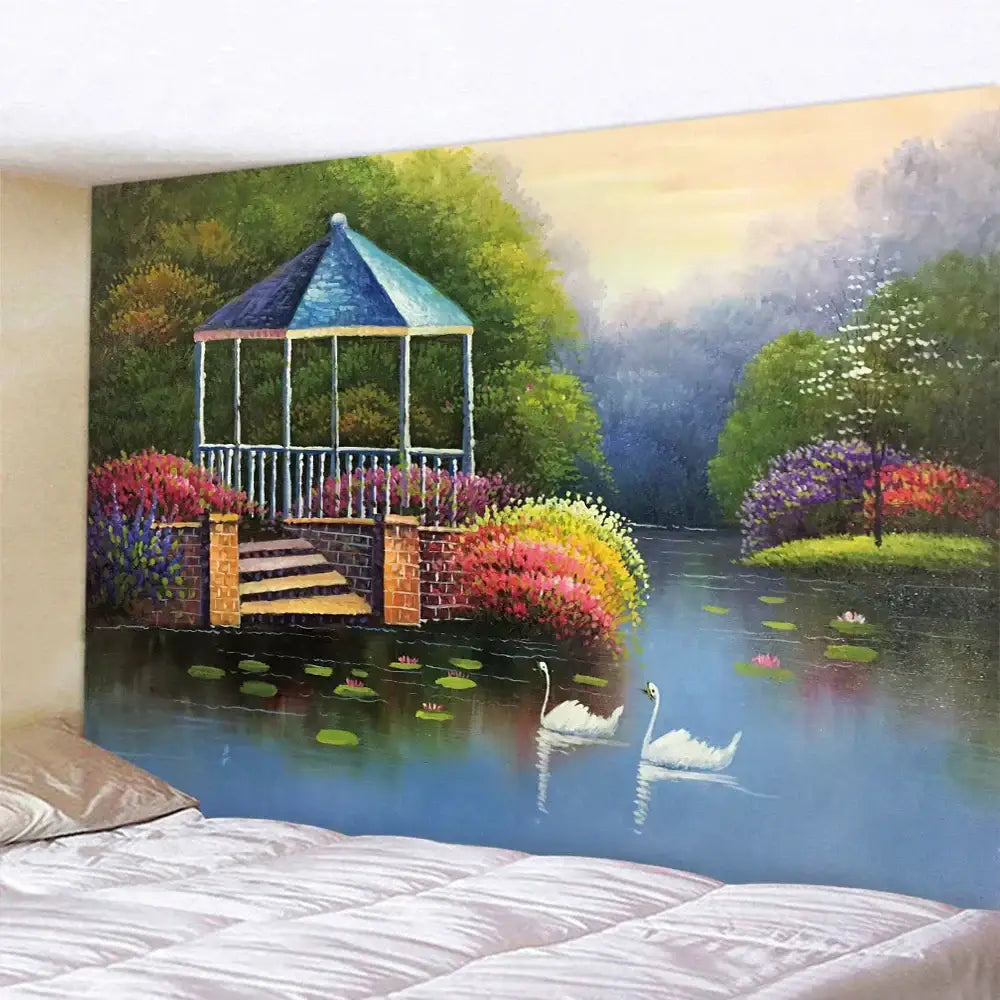 Decorbites christmas snow forest oil painting tapestry with blue-roofed gazebo and vibrant flowerbeds for bohemian decor