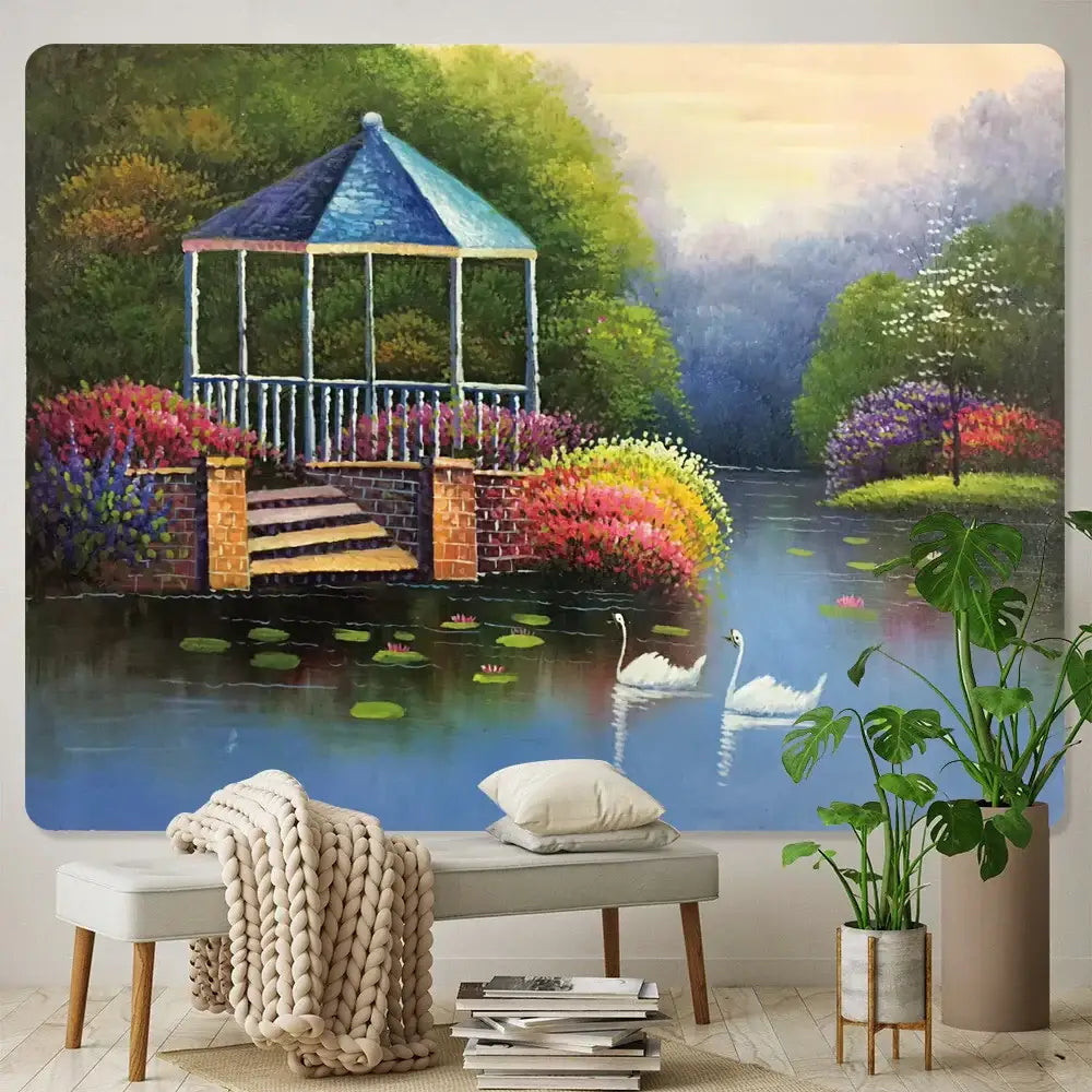 Decorbites christmas snow forest oil painting tapestry featuring a vibrant garden with gazebo and swans on pond