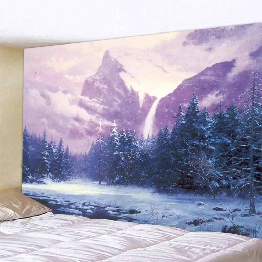Decorbites christmas snow forest oil painting tapestry with snow-capped peaks waterfall and evergreen trees under purple sky