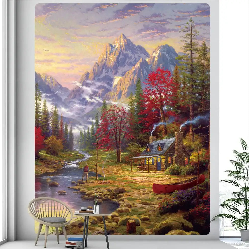 Decorbites christmas snow forest oil painting tapestry with vibrant mountain landscape and cozy log cabin scene