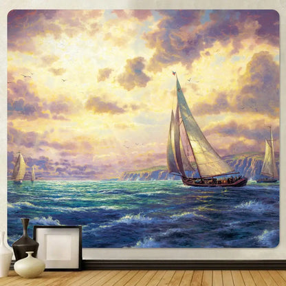 Decorbites christmas snow forest oil painting tapestry featuring a vibrant seascape sailboat under golden sky