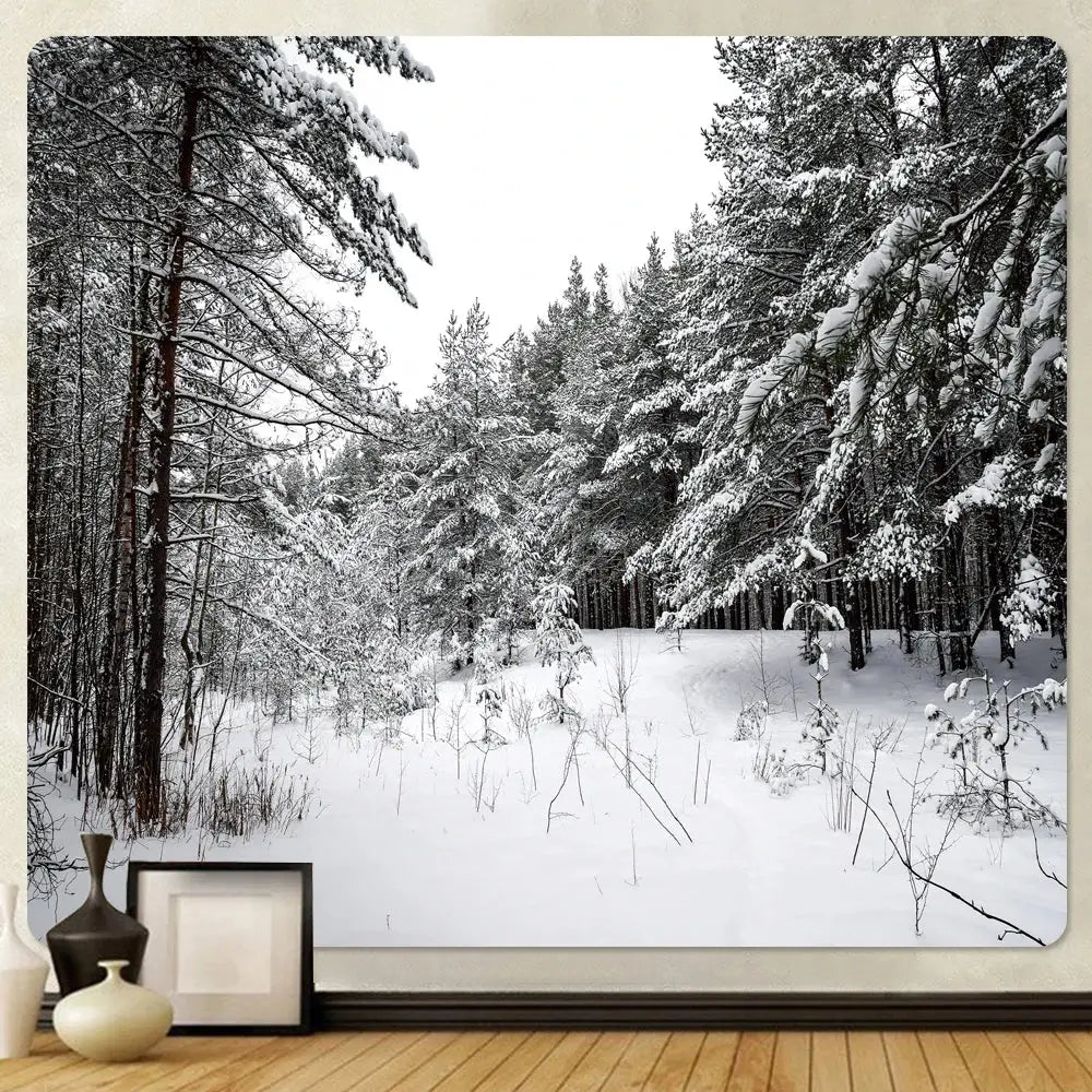 Decorbites christmas snow black-and-white bohemian snow forest tapestry hanging above vases and framed picture