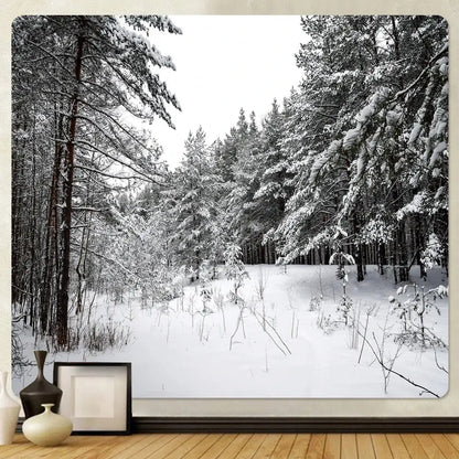 Decorbites christmas snow black-and-white bohemian snow forest tapestry hanging above vases and framed picture
