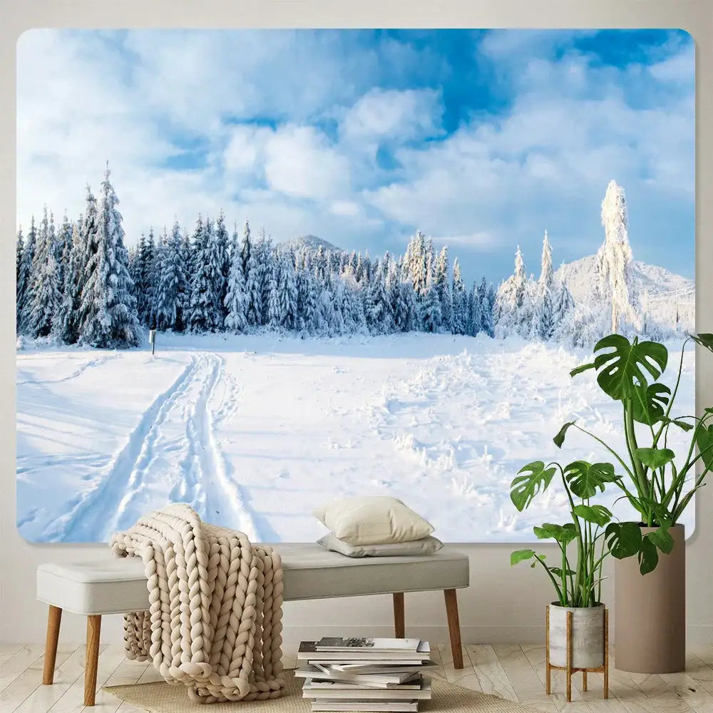 Decorbites christmas snow forest tapestry featuring snow-covered frost-laden trees and a winding path under blue sky