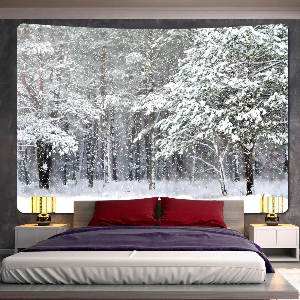 Decorbites christmas snow forest tapestry featuring a snow-covered bohemian design hanging above a bed