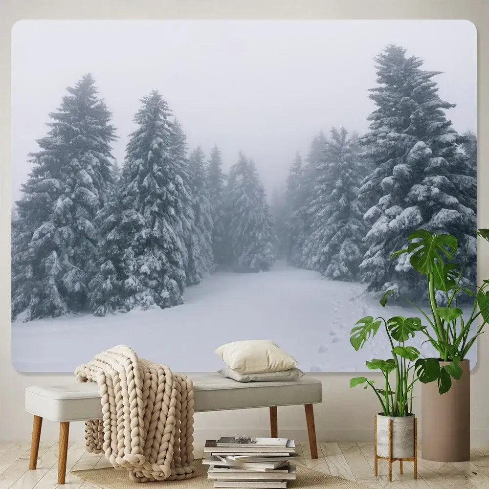 Decorbites christmas snow wall tapestry featuring a snow-covered pine tree for bohemian bedroom decoration