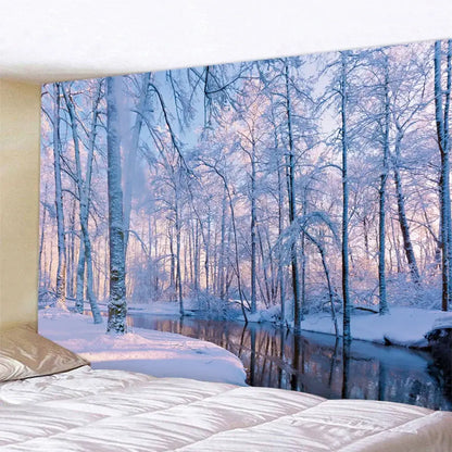 Decorbites christmas snow forest tapestry featuring a serene snow forest scene with reflective river in soft blues and whites