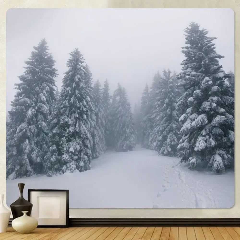 Decorbites christmas snow forest tapestry featuring a snow-covered pine tree mural for bohemian bedroom decor