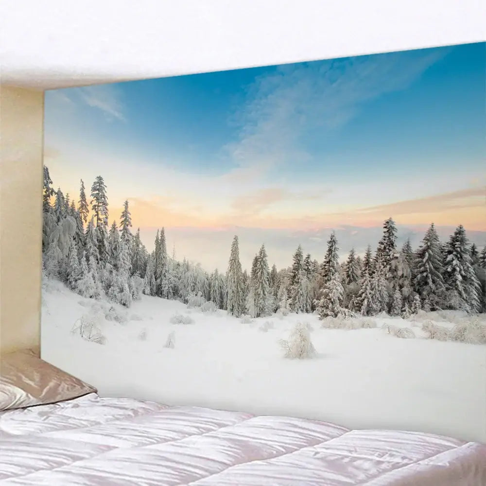 Decorbites christmas snow forest tapestry featuring snow-covered pine trees under a twilight sky for wall decoration
