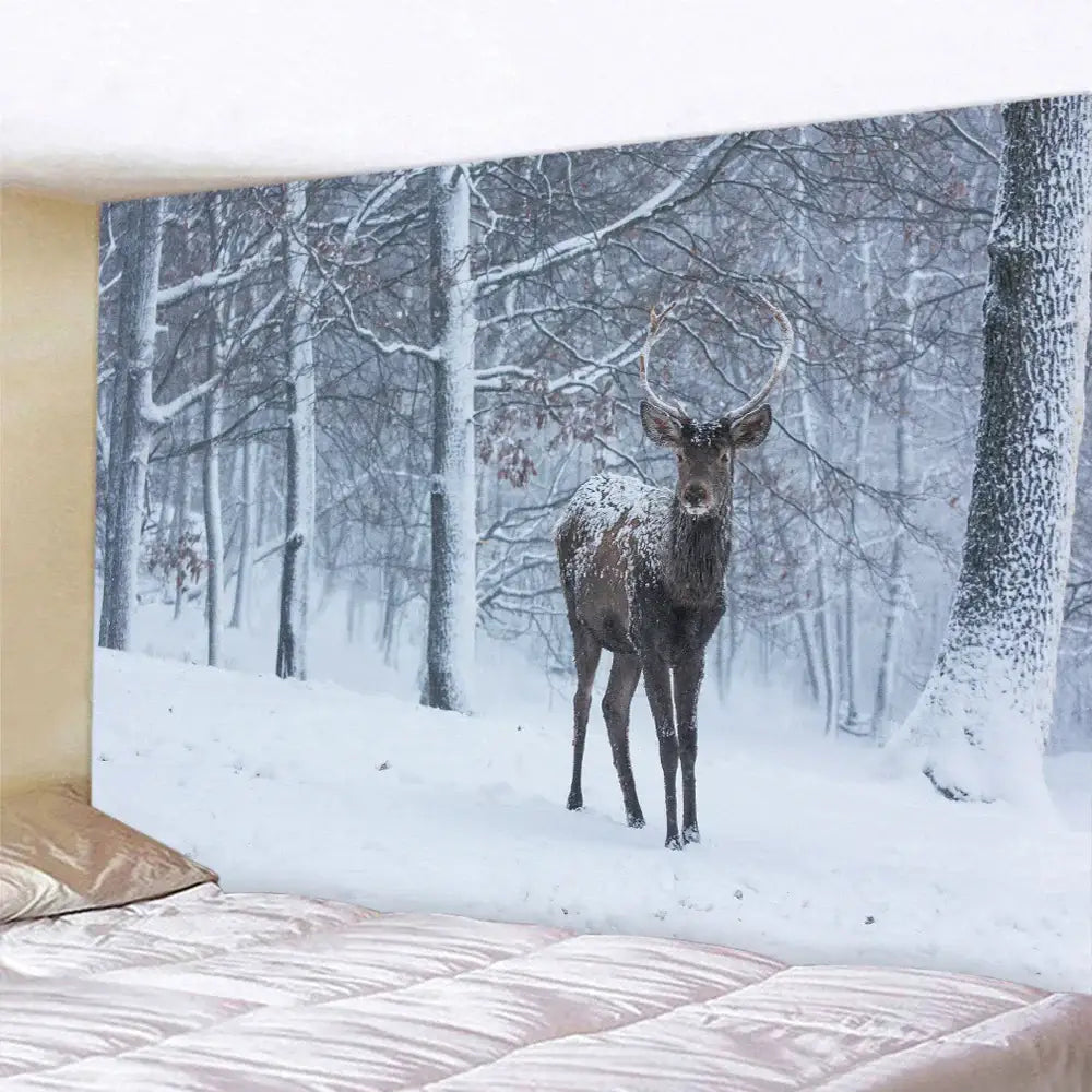 Decorbites christmas snow wall hanging features a snow-dusted deer in a serene christmas snow forest tapestry design