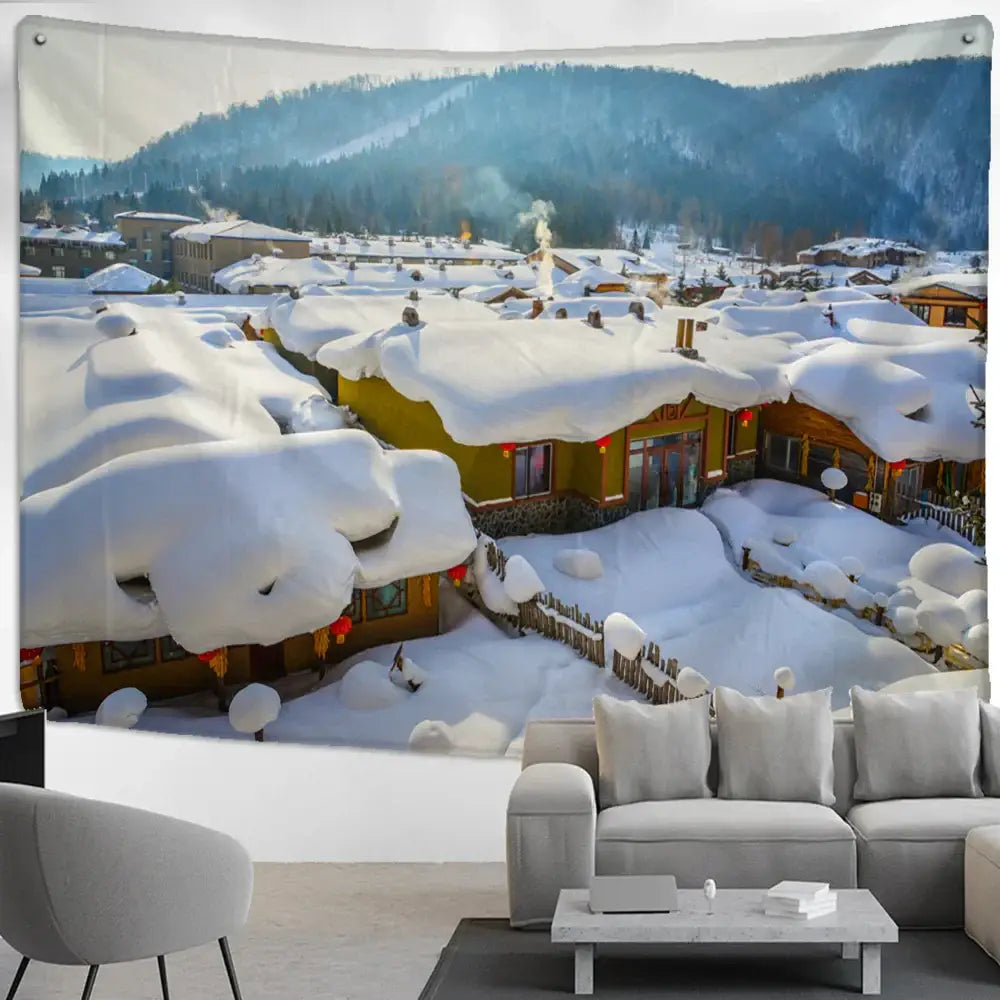 Decorbites christmas snow tapestry wall hanging featuring snow house wooden village and mountains in winter landscape