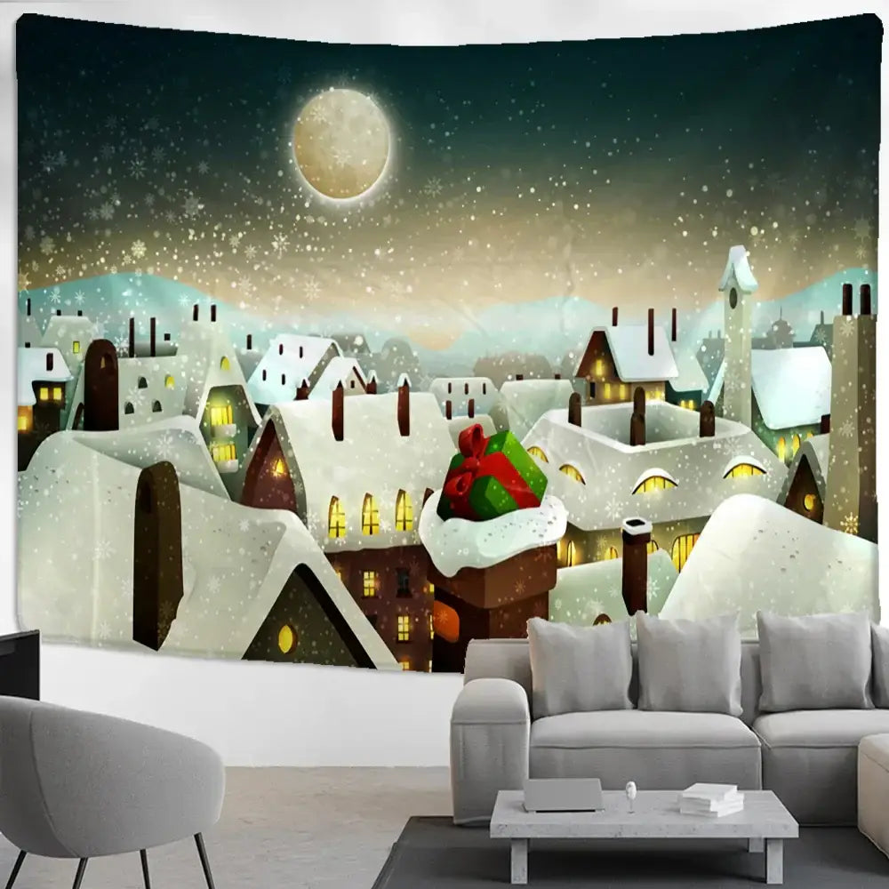 Decorbites christmas snow tapestry wall hanging featuring a snow house with glowing windows and falling snowflakes