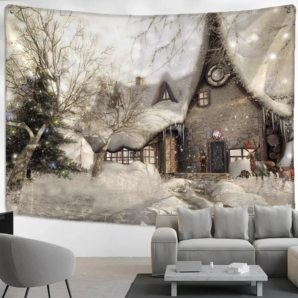 Decorbites christmas snow tapestry featuring a snow house with stone facade, festive lights, and evergreen trees