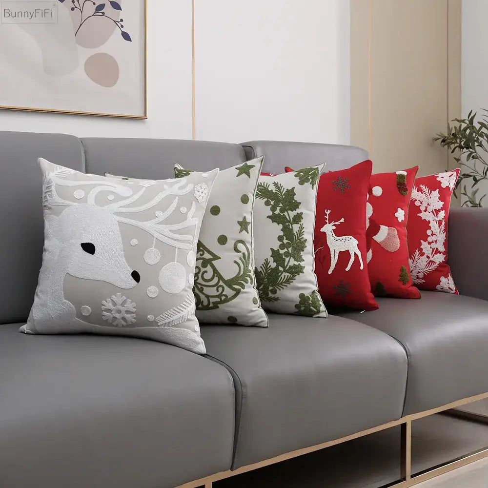 Set of five decorbites christmas snowflake embroidered cushion covers in gray green and red with snowflake deer designs