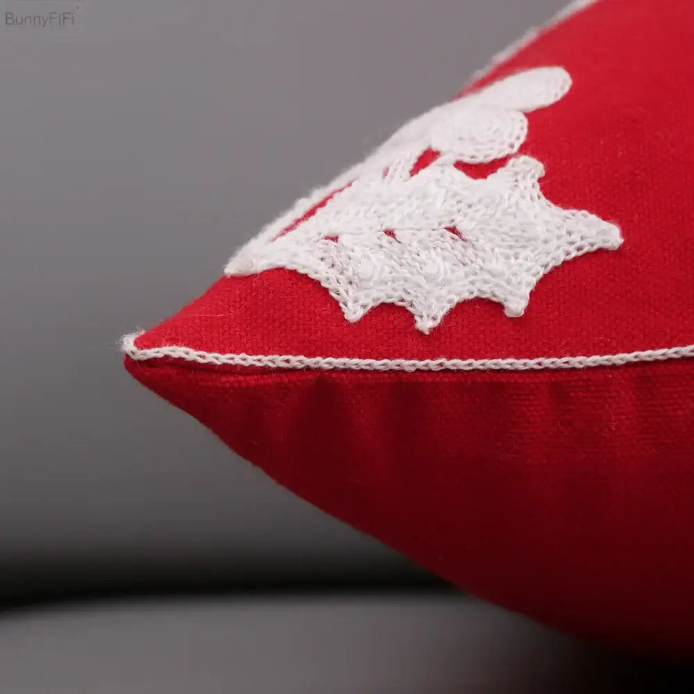 Red cushion cover with white lace embroidery and matching stitching for decorbites christmas snowflake deer pillow case