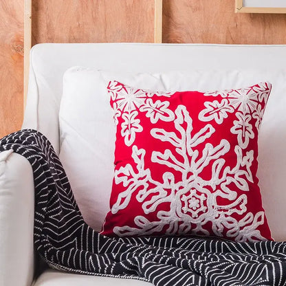 Vibrant red decorbites christmas snowflake pillowcase with intricate white embroidered floral and snowflake elk patterns