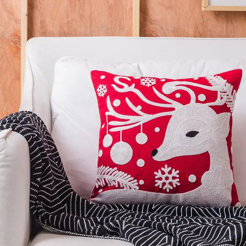 Decorbites christmas snowflake elk embroidered pillowcase in red and white with festive reindeer snowflakes and pine branches