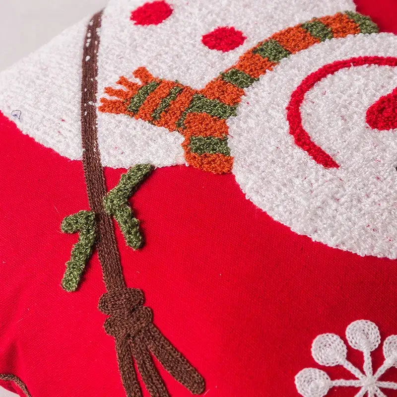 Red cushion with white snowman and embroidered branches from decorbites christmas snowflake elk pillowcases
